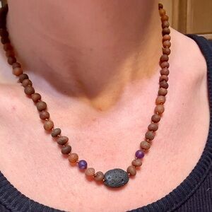 Baltic Amber & amethyst Healing Necklace 18.5" | honey Amber w/ lava Stone